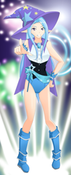 Size: 817x2000 | Tagged: safe, artist:jonfawkes, character:trixie, boots, cape, clothing, corset, fireworks, humanized, leotard, looking at you, magician outfit, pigeon toed, pointing, shoes, smiling, teeth, thighs