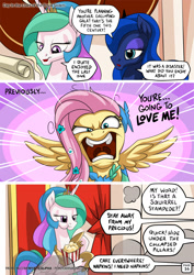 Size: 955x1351 | Tagged: safe, artist:mysticalpha, character:fluttershy, character:princess celestia, character:princess luna, species:alicorn, species:pony, comic:day in the lives of the royal sisters, episode:the best night ever, g4, my little pony: friendship is magic, aweeg*, comic, crown, dialogue, eating, female, flutterrage, food, horseshoes, implied prince blueblood, jewelry, mare, peytral, popcorn, regalia, speech bubble, trollestia, you're going to love me