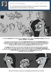 Size: 666x950 | Tagged: safe, artist:egophiliac, character:nightmare moon, character:princess luna, oc, oc:echo (egophiliac), oc:frolicsome meadowlark, oc:sparkleheart, oc:sunshine smiles (egophiliac), species:bat pony, species:pony, moonstuck, ask, blep, blushing, cartographer's cap, cartographer's cloak, clothing, comic, cute, dark woona, eyes closed, filly, frown, glare, grayscale, grin, hat, lidded eyes, monochrome, nervous, nightmare woon, open mouth, raspberry, smiling, squee, tongue out, tumblr, unamused, woona, younger