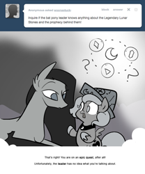 Size: 666x800 | Tagged: safe, artist:egophiliac, character:princess luna, oc, oc:echo (egophiliac), species:bat pony, species:pony, moonstuck, ask, cartographer's cap, clothing, filly, grayscale, hat, lunar stone, monochrome, question mark, tumblr, woona, younger
