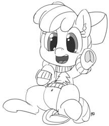 Size: 1280x1482 | Tagged: safe, artist:pabbley, character:apple bloom, adorabloom, belly button, christmas sweater, clothing, cute, female, monochrome, open mouth, simple background, sitting, smiling, solo, sweater, underhoof, white background