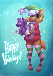 Size: 840x1200 | Tagged: safe, artist:atryl, oc, oc only, oc:beach ball, species:anthro, species:unguligrade anthro, candy, candy cane, clothing, food, happy holidays, hat, patreon, patreon logo, present, santa hat, smiling, socks, solo, striped socks, sweater