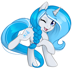 Size: 2119x2000 | Tagged: safe, artist:askbubblelee, oc, oc only, oc:bubble lee, species:pony, species:unicorn, derpibooru community collaboration, 2017 community collab, braid, cute, freckles, heart eyes, looking at you, ocbetes, one eye closed, open mouth, raised hoof, raised leg, simple background, smiling, solo, transparent background, wingding eyes, wink