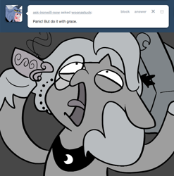 Size: 666x673 | Tagged: safe, artist:egophiliac, character:princess luna, moonstuck, cartographer's cap, classy, clothing, female, filly, food, grayscale, hat, monochrome, monocle, panic, solo, tea, teacup, woona, woonoggles, younger