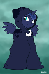 Size: 667x1000 | Tagged: safe, artist:empyu, character:princess luna, cloak, clothing, female, solo, spirit of hearth's warming yet to come, spread wings, wings