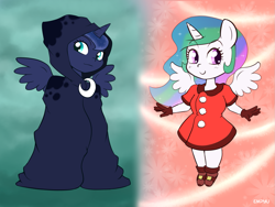 Size: 1333x1000 | Tagged: safe, artist:empyu, character:princess celestia, character:princess luna, species:anthro, species:plantigrade anthro, cloak, clothing, cute, cutelestia, dress, gloves, lunabetes, royal sisters, smiling, spirit of hearth's warming yet to come, spread wings, wings