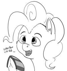 Size: 1280x1357 | Tagged: safe, artist:pabbley, character:pinkie pie, species:earth pony, species:pony, female, frog (hoof), grayscale, listen here, meme, monochrome, pointy hooves, simple background, solo, style emulation, underhoof, white background
