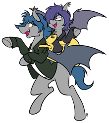 Size: 705x801 | Tagged: safe, artist:egophiliac, oc, oc only, oc:dusk rhine, oc:racket rhine, species:bat pony, species:pony, 2019 community collab, derpibooru community collaboration, adventure, backpack, batpack, brothers, clothing, cute, duo, glasses, hoodie, jacket, male, simple background, transparent background