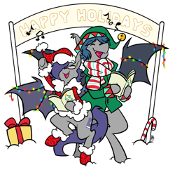 Size: 747x723 | Tagged: safe, artist:egophiliac, oc, oc only, oc:dusk rhine, oc:racket rhine, species:bat pony, species:pony, adorkable, brothers, candy, candy cane, caroling, christmas, clothing, cute, dork, elf hat, food, glasses, hat, holiday, merry christmas, outfit, present, santa hat, scarf, simple background, singing, transparent background
