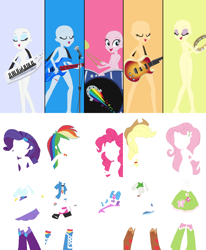 Size: 1054x1281 | Tagged: safe, artist:selenaede, base used, character:applejack, character:fluttershy, character:pinkie pie, character:rainbow dash, character:rarity, my little pony:equestria girls, bass guitar, boots, bracelet, clothing, cowboy hat, cymbals, denim skirt, drum kit, drums, drumsticks, electric guitar, guitar, hat, high heel boots, humane five, jewelry, keytar, microphone, musical instrument, skirt, socks, stetson, tambourine