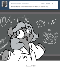 Size: 666x800 | Tagged: safe, artist:egophiliac, character:princess luna, moonstuck, chalkboard, cheese, clothing, female, filly, food, glasses, grayscale, it's magic, lab coat, magic, monochrome, science woona, shrug, solo, woona, younger