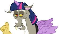 Size: 5230x3001 | Tagged: safe, artist:cloudyglow, character:discord, character:twilight sparkle, species:draconequus, episode:what about discord?, g4, my little pony: friendship is magic, absurd resolution, discord sparkle, lidded eyes, male, narrowed eyes, raised finger, simple background, smiling, solo, transparent background, twilight wig, vector