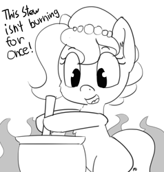 Size: 2944x3093 | Tagged: safe, artist:pabbley, oc, oc only, oc:brownie bun, species:earth pony, species:pony, bipedal, dialogue, ear fluff, female, fire, fluffy, grayscale, hoof hold, mare, monochrome, open mouth, pot, simple background, smiling, solo, stirring, tempting fate, white background