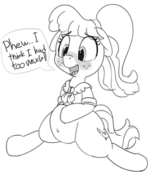 Size: 1280x1434 | Tagged: safe, artist:pabbley, character:chickadee, character:ms. peachbottom, species:earth pony, species:pony, belly, belly button, blushing, dialogue, fat, female, floppy ears, food baby, grayscale, monochrome, open mouth, simple background, solo, white background