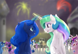 Size: 4025x2800 | Tagged: safe, artist:silfoe, character:night light, character:princess cadance, character:princess celestia, character:princess flurry heart, character:princess luna, character:shining armor, character:spike, character:twilight sparkle, character:twilight sparkle (alicorn), character:twilight velvet, species:alicorn, species:pony, royal sketchbook, absurd resolution, alcohol, balcony, champagne, combined magic, crying, eye contact, fireworks, floppy ears, frown, grin, horns are touching, hug, levitation, looking at each other, magic, new year, open mouth, royal sisters, scared, sitting, smiling, telekinesis, wine, wine glass