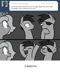 Size: 666x795 | Tagged: safe, artist:egophiliac, character:princess luna, oc, oc:frolicsome meadowlark, oc:sunshine smiles (egophiliac), species:bat pony, species:pony, moonstuck, ask, comic, eyepatch, eyes closed, filly, grayscale, monochrome, tumblr, woona, younger