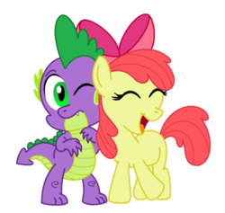 Size: 850x807 | Tagged: safe, artist:aleximusprime, character:apple bloom, character:spike, species:dragon, species:earth pony, species:pony, ship:spikebloom, adorabloom, bow, cute, dawwww, eyes closed, female, filly, happy, interspecies, male, one eye closed, open mouth, shipping, simple background, smiling, straight, transparent background, vector