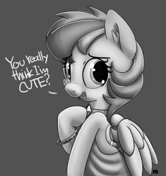 Size: 1280x1360 | Tagged: safe, artist:pabbley, character:rainbow dash, alternate hairstyle, clothing, cute, dashabetes, dialogue, dress, female, grayscale, looking at you, monochrome, rainbow dash always dresses in style, solo, talking to viewer