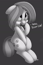 Size: 1280x1910 | Tagged: safe, artist:pabbley, character:marble pie, species:earth pony, species:pony, dialogue, female, floppy ears, gray background, grayscale, mare, monochrome, open mouth, simple background, sitting, smiling, solo