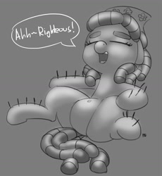 Size: 1280x1394 | Tagged: safe, artist:pabbley, character:tree hugger, acupuncture, dialogue, eyes closed, female, grayscale, monochrome, on back, open mouth, solo