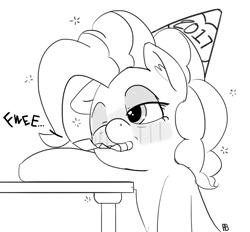 Size: 1280x1186 | Tagged: safe, artist:pabbley, character:pinkie pie, clothing, cute, diapinkes, female, hangover, hat, monochrome, one eye closed, party hat, party horn, solo, tired