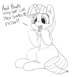Size: 1280x1349 | Tagged: safe, artist:pabbley, character:twilight sparkle, and that's how equestria was made, dialogue, female, monochrome, open mouth, sitting, solo