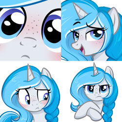 Size: 1000x1000 | Tagged: safe, artist:askbubblelee, oc, oc only, oc:bubble lee, species:pony, species:unicorn, blushing, crossed hooves, cute, female, freckles, icon, looking at you, mare, ocbetes, sassy, smiling, solo, unamused