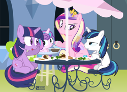Size: 1080x780 | Tagged: safe, artist:dm29, character:princess cadance, character:princess flurry heart, character:shining armor, character:twilight sparkle, character:twilight sparkle (alicorn), species:alicorn, species:pony, age regression, alcohol, crossed hooves, dinner, feeding, food, magic, telekinesis