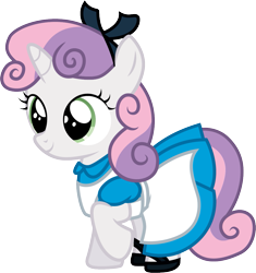 Size: 1001x1063 | Tagged: safe, artist:cloudyglow, character:sweetie belle, alice, alice in wonderland, bow, clothes swap, clothing, cosplay, costume, crossover, cute, diasweetes, disney, dress, female, hair bow, raised hoof, shoes, simple background, smiling, solo, transparent background, vector