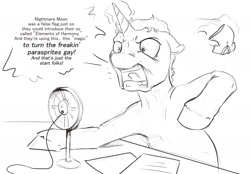 Size: 2013x1400 | Tagged: safe, artist:silfoe, species:pony, royal sketchbook, alex jones, angry, ask, conspiracy, conspiracy theory, grayscale, implied elements of harmony, implied gay, implied nightmare moon, implied parasprite, infowars, meme, monochrome, ponified, radio, sketch, solo, tumblr, tumblr blog, tumblr comic, unnamed pony
