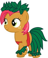 Size: 1501x1805 | Tagged: safe, artist:cloudyglow, character:babs seed, species:earth pony, species:pony, adorababs, clothes swap, clothing, cosplay, costume, crossover, cute, disney, female, filly, foal, freckles, grass skirt, lilo and stitch, lilo pelekai, midriff, one hoof raised, raised hoof, simple background, smiling, solo, standing, transparent background