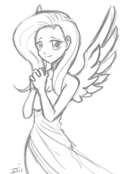 Size: 700x968 | Tagged: source needed, safe, artist:johnjoseco, character:fluttershy, species:human, cleavage, clothing, dress, female, grayscale, humanized, monochrome, side slit, winged humanization