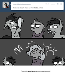 Size: 666x795 | Tagged: safe, artist:egophiliac, character:princess luna, oc, oc:frolicsome meadowlark, oc:sunshine smiles (egophiliac), species:bat pony, species:pony, moonstuck, bald, eyepatch, filly, grayscale, magic, mirror, monochrome, mouth hold, scissors, sweat, woona, woonoggles, younger