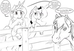 Size: 1280x890 | Tagged: safe, artist:silfoe, character:princess celestia, character:princess luna, oc, oc:horace octavius reginald sorrel edward, royal sketchbook, dialogue, eating, frown, grayscale, horse, horse-pony interaction, leaning, monochrome, open mouth, royal sisters, sketch, smiling, speech bubble, thinking, trollestia
