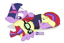Size: 900x600 | Tagged: safe, artist:dm29, character:moondancer, character:twilight sparkle, character:twilight sparkle (alicorn), species:alicorn, species:pony, clothing, cute, duo, eyes closed, glasses, hug, julian yeo is trying to murder us, lying down, simple background, sweater, transparent background