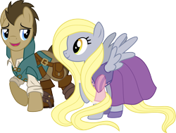 Size: 1501x1137 | Tagged: safe, artist:cloudyglow, character:derpy hooves, character:doctor whooves, character:time turner, species:pegasus, species:pony, ship:doctorderpy, alternate hairstyle, bag, blonde, boots, clothes swap, clothing, cosplay, costume, crossover, cute, disney, doctorbetes, dress, female, flynn rider, long mane, male, mare, rapunzel, shipping, shirt, simple background, straight, tangled (disney), transparent background, vector