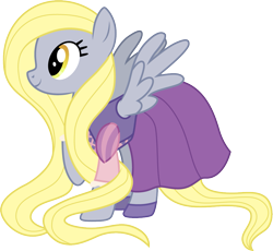Size: 1001x919 | Tagged: safe, artist:cloudyglow, character:derpy hooves, species:pegasus, species:pony, alternate hairstyle, blonde, clothes swap, clothing, cosplay, costume, crossover, disney, dress, female, long mane, mare, raised hoof, rapunzel, simple background, smiling, solo, tangled (disney), transparent background, vector