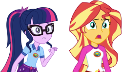 Size: 5051x3001 | Tagged: safe, artist:cloudyglow, character:sunset shimmer, character:twilight sparkle, character:twilight sparkle (scitwi), species:eqg human, equestria girls:legend of everfree, g4, my little pony: equestria girls, my little pony:equestria girls, .ai available, absurd resolution, clothing, glasses, open mouth, simple background, transparent background, vector