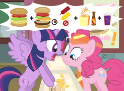 Size: 1020x750 | Tagged: safe, artist:dm29, character:pinkie pie, character:twilight sparkle, character:twilight sparkle (alicorn), species:alicorn, species:pony, bits, burger, fast food, food, hay burger, horseshoe fries, hungry, pictogram, poem in the description, that pony sure does love burgers, this will end in weight gain, twilight burgkle, yelling