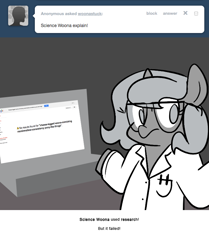 Size: 666x795 | Tagged: safe, artist:egophiliac, character:princess luna, moonstuck, clothing, computer, filly, glasses, google, lab coat, looking at you, monochrome, neo noir, partial color, science woona, shrug, woona, younger