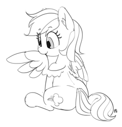 Size: 1280x1338 | Tagged: safe, artist:pabbley, character:rainbow dash, species:pony, female, monochrome, nom, preening, simple background, sitting, solo, white background, wing noms