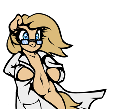 Size: 1280x1130 | Tagged: safe, artist:slavedemorto, oc, oc only, oc:backy, species:pony, belly button, bipedal, clothing, featureless crotch, female, glasses, lab coat, solo, strategically covered, undressing