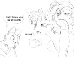 Size: 1280x989 | Tagged: safe, artist:silfoe, character:princess luna, character:spike, character:twilight sparkle, character:twilight sparkle (alicorn), species:alicorn, species:dragon, species:pony, ship:twiluna, black and white, coffee, coffee mug, dialogue, female, grayscale, lesbian, male, mare, messy mane, monochrome, morning ponies, other royal book, shipping, simple background, speech bubble, tired, white background