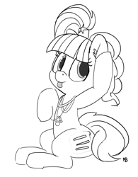 Size: 1280x1638 | Tagged: safe, artist:pabbley, character:pacific glow, character:pinkie pie, covered cutie mark, disguise, female, monochrome, pinkie clone, simple background, sitting, solo, tongue out, white background