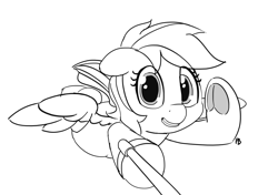 Size: 1280x900 | Tagged: safe, artist:pabbley, character:rainbow dash, female, flying, monochrome, selfie, selfie stick, simple background, smiling, solo, underhoof, white background