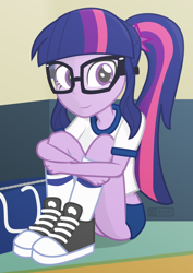 Size: 680x960 | Tagged: safe, artist:dm29, character:twilight sparkle, character:twilight sparkle (scitwi), species:eqg human, my little pony:equestria girls, bag, clothing, converse, cute, female, glasses, gym uniform, julian yeo is trying to murder us, ponytail, shoes, sitting, sneakers, solo, sports panties, twiabetes