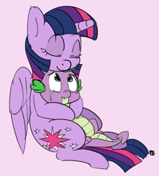 Size: 1280x1419 | Tagged: safe, artist:pabbley, edit, character:spike, character:twilight sparkle, character:twilight sparkle (alicorn), species:alicorn, species:pony, color edit, colored, crying, hug, mama twilight, pink background, simple background, spikelove, tears of joy