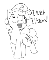 Size: 1280x1579 | Tagged: safe, artist:pabbley, character:party favor, dialogue, exploitable meme, faec, i didn't listen, image macro, male, meme, monochrome, open mouth, simple background, solo, white background