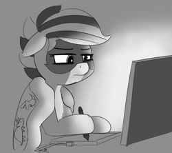 Size: 1280x1137 | Tagged: safe, artist:pabbley, oc, oc only, oc:bandy cyoot, blanket, computer, drawing, gradient background, grayscale, monochrome, raccoon pony, solo, tablet, tired