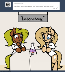 Size: 1280x1420 | Tagged: safe, artist:slavedemorto, oc, oc only, oc:backy, oc:kiwi, species:pony, ask, bipedal, bipedal leaning, bubble, clothing, erlenmeyer flask, experiment, innuendo, lab coat, leaning, looking down, open mouth, sweat, tumblr